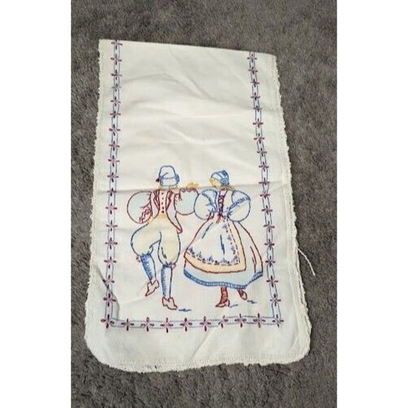 Vintage Handmade Cross Stitched Linen Tea Towel Dutch Dancers - Picture 1 of 4